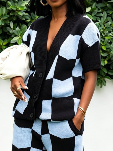 Urban Plaid V Neck Sweater Cardigan, Cardigans, color:Black-blue|size:XXL, Stylewe