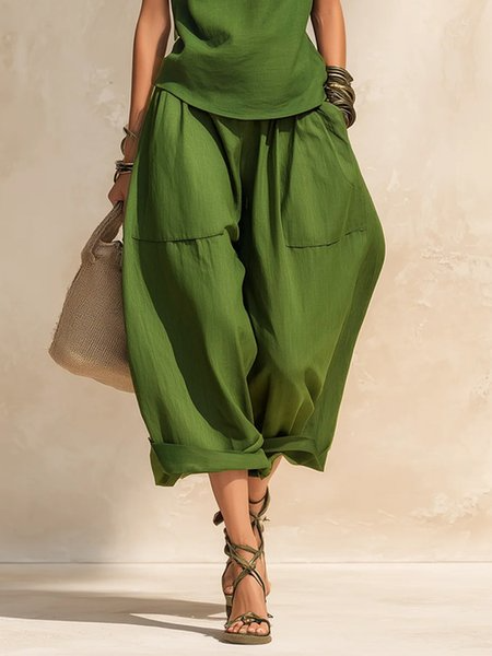 Cotton And Linen Casual Plain Pants, Pants, color:Green|size:XXL, Stylewe