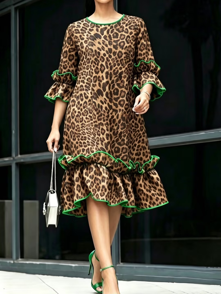 Urban Leopard Crew Neck Midi Dress, Midi Dresses, color:As Picture|size:XXL, Stylewe
