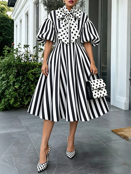 Plus Size Urban Striped Polka Dots Puff Sleeve Printing Midi Dress, Plus Dresses, color:Black|size:4X, Stylewe