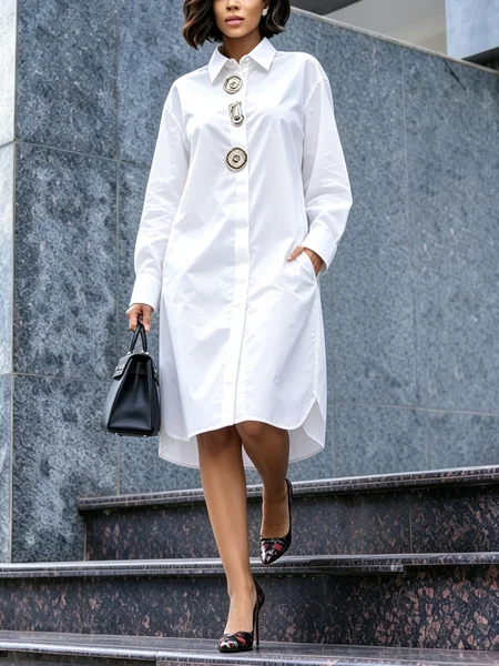 Cotton Urban Plain Button Detail Shirt Collar Knee Length Dress, Midi Dresses, color:White|size:XXL, Stylewe