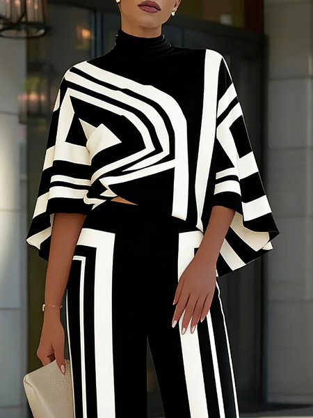 Urban Geometric Printing Stand Collar Blouse, Blouses and Shirts, color:Black-white|size:XXL, Stylewe