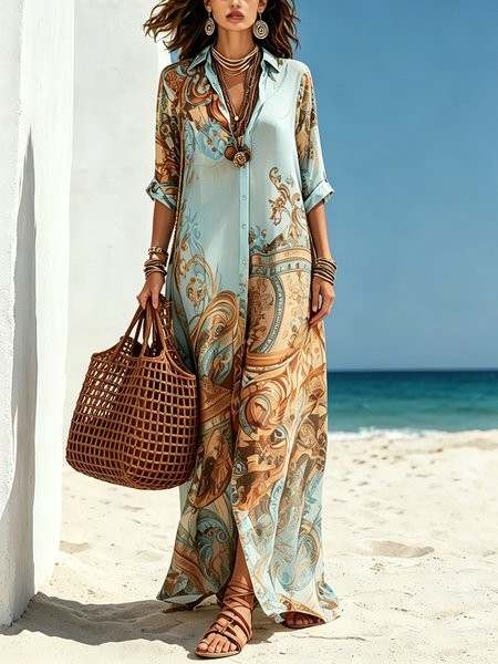 Casual Abstract Print Relaxed Maxi Shirt Dress, Maxi Dresses, color:Blue|size:XXL, Stylewe