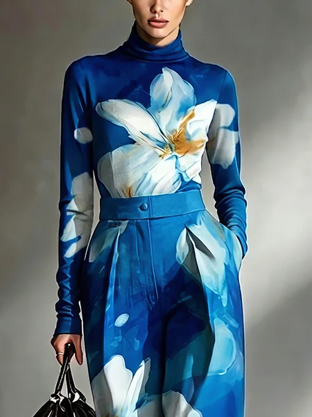 Elegant Floral Printing Mock Neck T-shirt, Tees, color:Blue|size:XXL, Stylewe