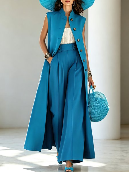 Urban Buttoned Plain Stand Collar Vest, Vests and Gilets, color:Blue|size:XXL, Stylewe