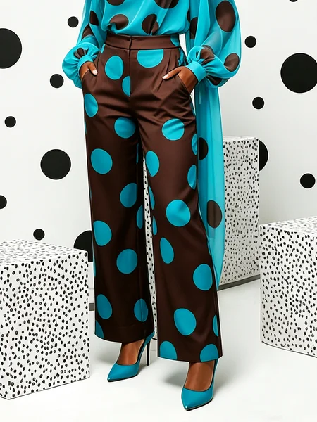 Elegant Polka Dots Printing Straight Pants, Pants, color:Brown|size:XXL, Stylewe