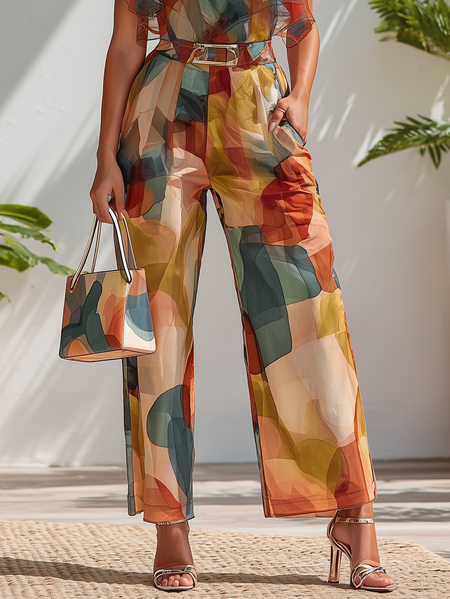 Urban Color Block Geometric Straight Pants With Belt, Pants, color:Multicolor|size:XXL, Stylewe