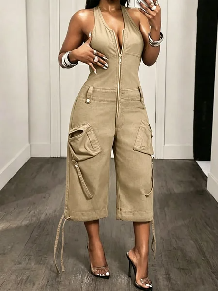 Casual Solid Tailored Sleeveless Cargo Jumpsuit, Jumpsuits, color:Khaki|size:XXL, Stylewe