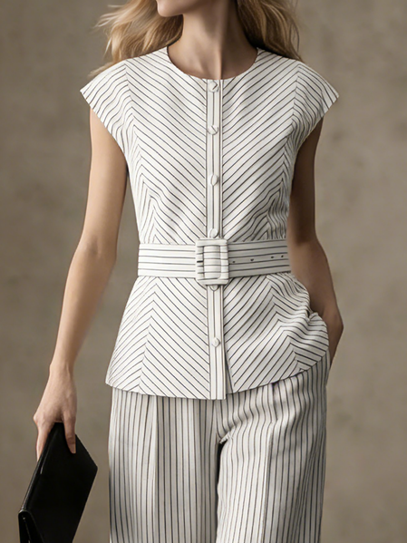 Cotton Crew Neck Striped Urban Blouse With Belt, Blouses and Shirts, color:Stripe|size:XL, Stylewe