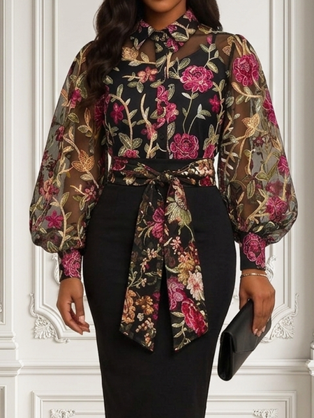 Elegant Floral Shirt Collar Shirt Belt, Blouses and Shirts, color:As Picture|size:XXL, Stylewe
