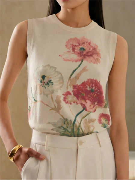 Floral Crew Neck Elegant Tank Top, Tanks and Camis, color:White|size:XL, Stylewe