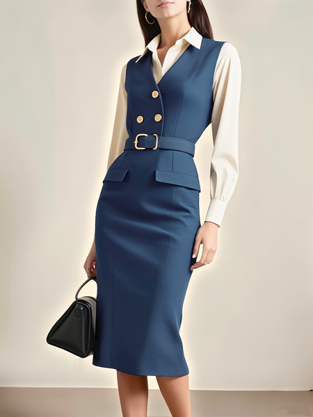Regular Fit Urban Regular Sleeve Dress With Belt, Midi Dresses, color:Blue|size:XL, Stylewe