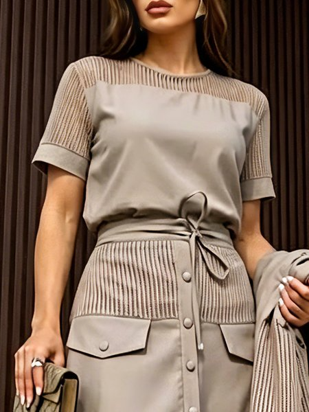 Urban Plain Split Joint Blouse, Blouses and Shirts, color:Khaki|size:XXL, Stylewe