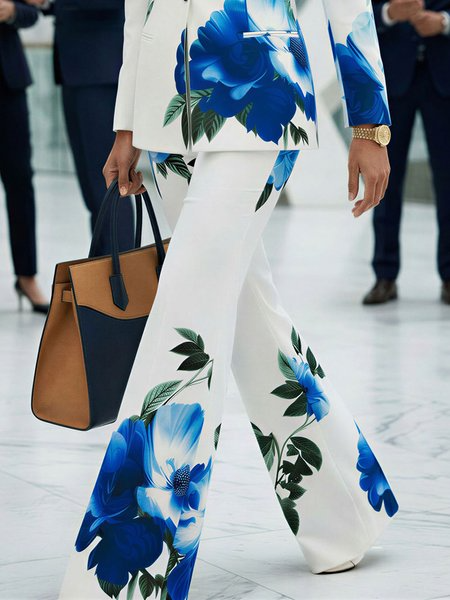 Elegant Floral Printing Flare Pants, Pants, color:Blue|size:XXL, Stylewe