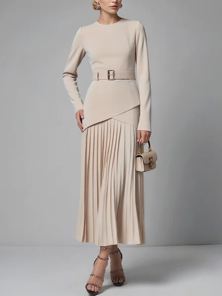 Elegant Plain Split Joint Pleated Crew Neck Maxi Dress With Belt, Midi Dresses, color:Apricot|size:XL, Stylewe