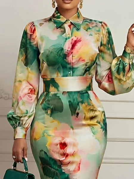 Elegant Floral Shirt Collar Long Sleeve Shirt, Blouses and Shirts, color:As Picture|size:XXL, Stylewe