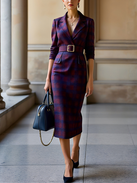 Regular Sleeve Lapel Collar Urban Dress With Belt, Midi Dresses, color:Purple Red|size:XL, Stylewe