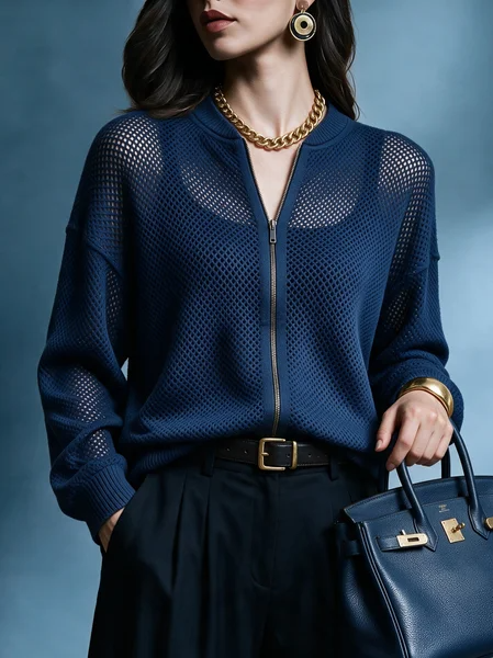 Casual Plain Zipper Crew Neck Cardigan, Cardigans, color:Deep Blue|size:XXL, Stylewe