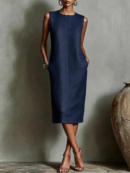 Casual Solid Tailored Sleeveless Midi Dress, Midi Dresses, color:Navy|size:XXL, Stylewe