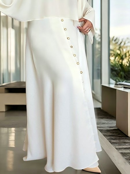 Elegant Faux Pearl Plain Buttoned Maxi Skirt, Skirts, color:White|size:XXL, Stylewe