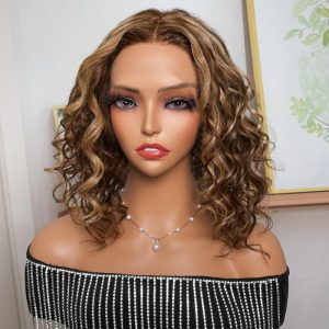 Nadula Big Bouncy Curly Highlight Brown Short Bob Wig 13*5*0.5 T Part Lace Frontal Middle Part Human Hair Wavy Wig Piano Honey Blond Ombre Wig, Catalog Online Nadula 2089