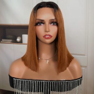 Nadula Blunt Cut Short Bob T Part Lace Wig Auburn Brown Color With Dark Roots, Catalog Online Nadula 2328