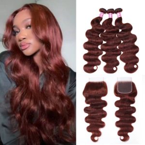 Nadula Reddish Brown Hair Body Wave 3 Bundles with Closure 33B Auburn Human Hair Bundles with Lace Closure, Catalog Online Nadula 2382