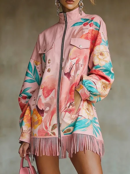 Elegant Plain Printing Stand Collar Mini Dress, Mini Dresses, color:Pink|size:XXL, Stylewe