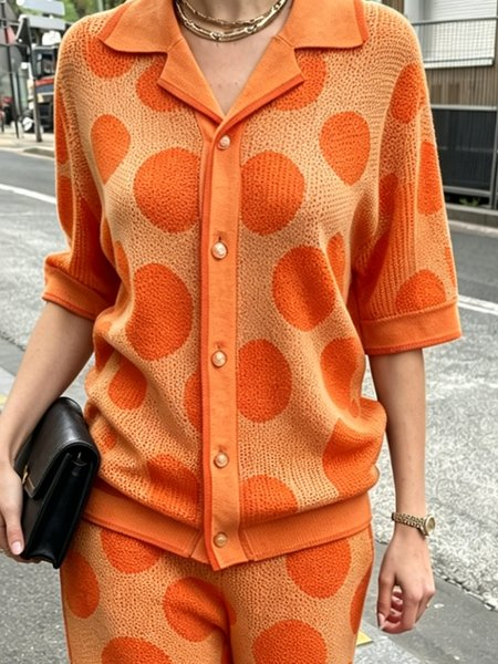 Casual Polka Dots Shawl Collar Loosen Knit Top, Cardigans, color:Orange|size:XXL, Stylewe