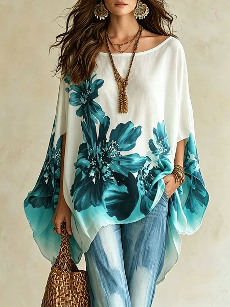 Casual Floral Printing Boat Neck Blouse, Blouses and Shirts, color:As Picture|size:XXL, Stylewe