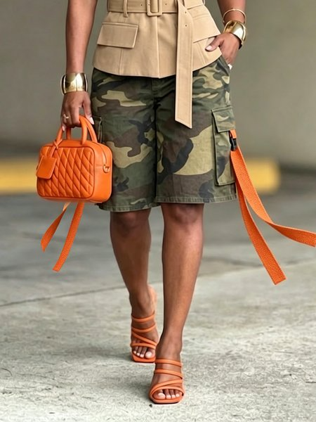 Urban Casual Camo Loose Fit Pockets Color Block Cargo Shorts, Denim Shorts, color:Green|size:XXL, Stylewe