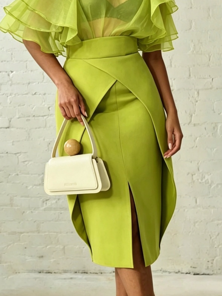 Elegant Slit Plain Midi Skirt, Skirts, color:Green|size:XXL, Stylewe