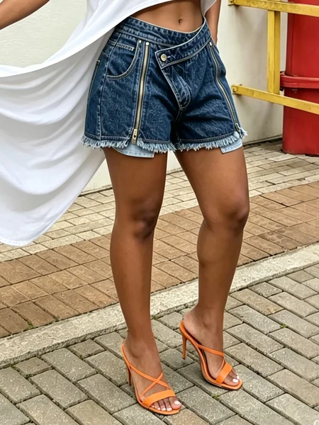 Casual Zipper Denim Shorts, Denim Shorts, color:Blue|size:XXL, Stylewe
