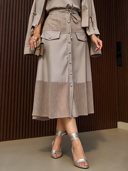 Urban Split Joint Buttoned Pockets Lace-up Plain Midi Skirt, Skirts, color:Khaki|size:XXL, Stylewe
