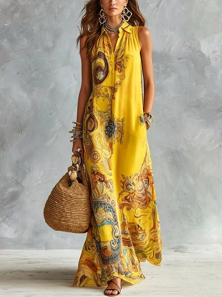 Vacation Ethnic Printing Shirt Collar Maxi Dress, Maxi Dresses, color:Yellow|size:XXL, Stylewe