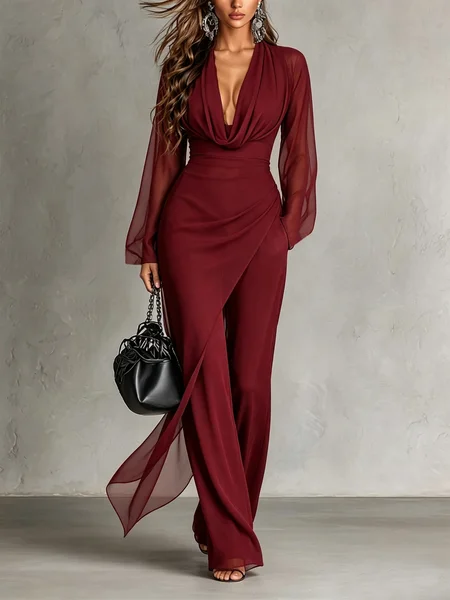 Elegant Plain Side-Slit Cowl Neck Blouse, Blouses and Shirts, color:Wine Red|size:XXL, Stylewe