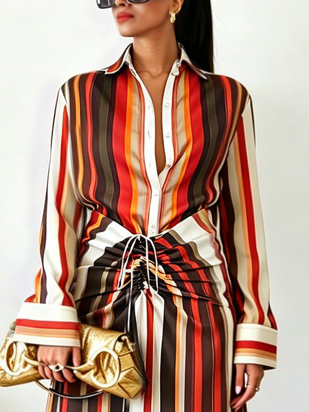 Urban Striped Buttoned Shirt Collar Shirt, Blouses and Shirts, color:Red|size:XXL, Stylewe