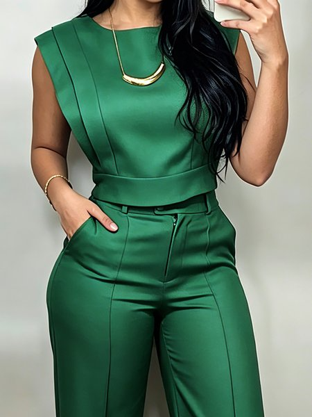 Cotton And Linen Casual Plain Folds Crew Neck Blouse, Blouses and Shirts, color:Green|size:XXL, Stylewe