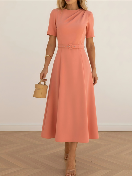 Urban Plain Dress With Belt, Midi Dresses, color:Coral|size:XL, Stylewe