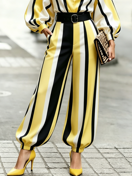 Urban Striped Ankle Banded Pants No Belt, Pants, color:As Picture|size:XXL, Stylewe