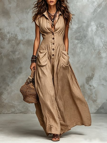 Cotton And Linen Casual Plain Button Detail Shirt Collar Maxi Dress, Maxi Dresses, color:As Picture|size:XXL, Stylewe