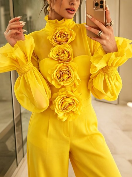 Elegant Plain 3D Floral Lotus Leaf Collar Ruffle Sleeve Blouse, Blouses and Shirts, color:Yellow|size:XXL, Stylewe