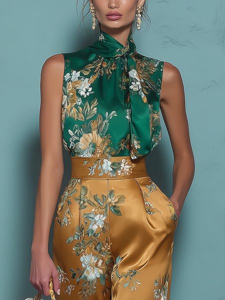 Elegant Floral Printing Stand Collar Blouse, Blouses and Shirts, color:Green|size:XXL, Stylewe
