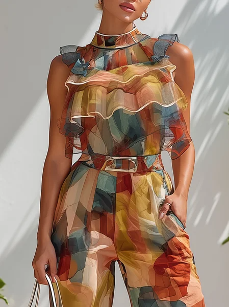 Urban Color Block Printing Peplum Mock Neck Blouse, Blouses and Shirts, color:Multicolor|size:XXL, Stylewe