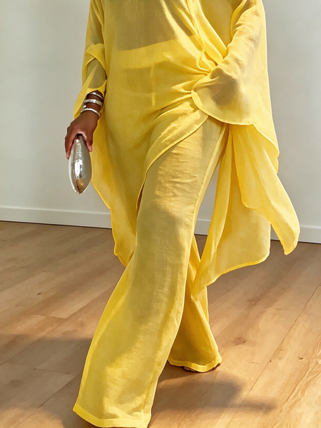 Cotton And Linen Loose Casual Plain Straight Pants, Pants, color:Yellow|size:XXL, Stylewe
