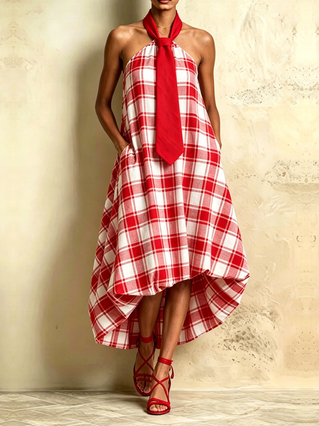 Urban Plaid Halter Neck Maxi Dress, Midi Dresses, color:Red|size:XXL, Stylewe