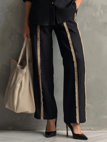 Casual Color Block Straight Cotton And Linen Pants, Pants, color:Black|size:XXL, Stylewe