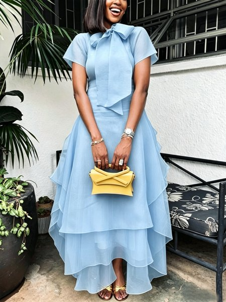 Elegant Solid Tailored Tiered Maxi Dress, Maxi Dresses, color:Blue|size:XXL, Stylewe