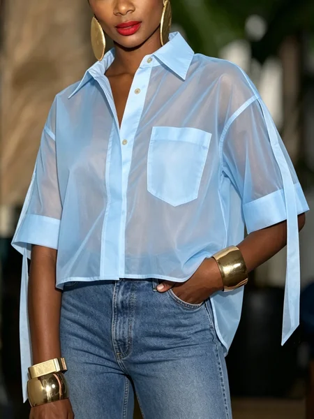Urban Plain Shirt Collar Shirt, Blouses and Shirts, color:Blue|size:XXL, Stylewe