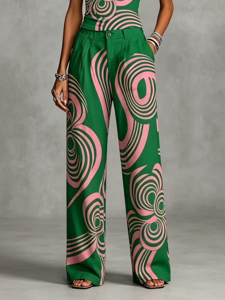 Casual Geometric Floral Straight Pants, Pants, color:Green|size:XXL, Stylewe